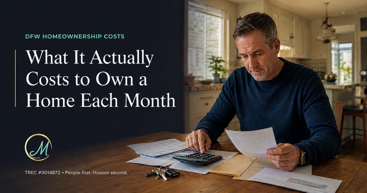 Momentus blog graphic showing a DFW homeowner reviewing monthly homeownership expenses at a kitchen table.