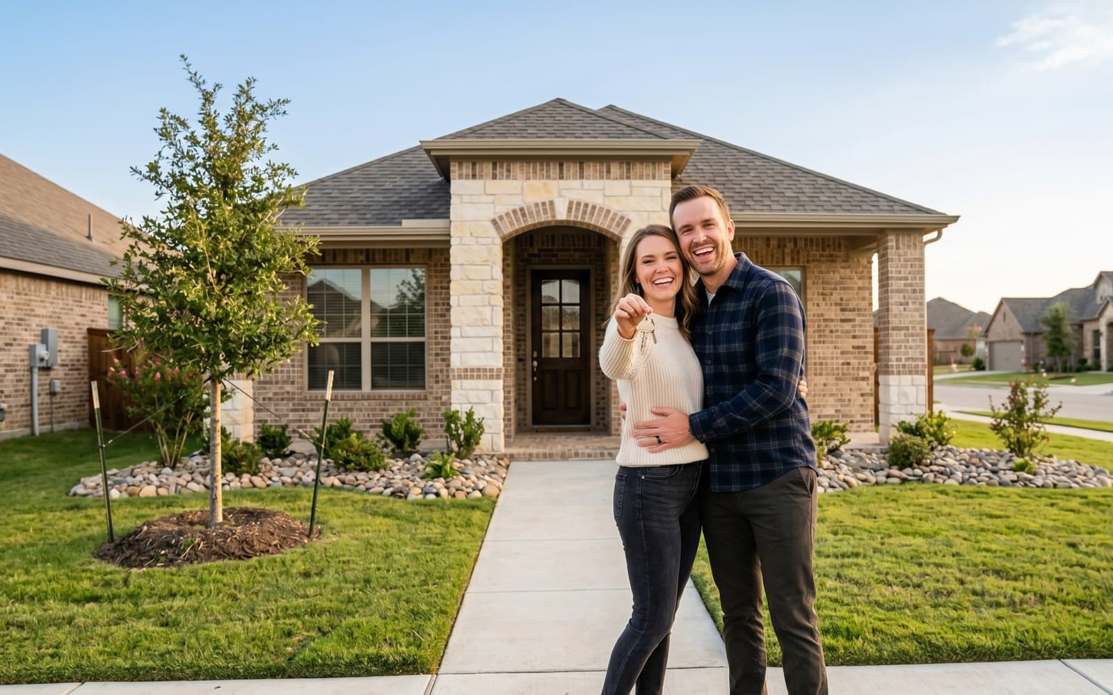A couple holding up house keys in front of a newly built brick home