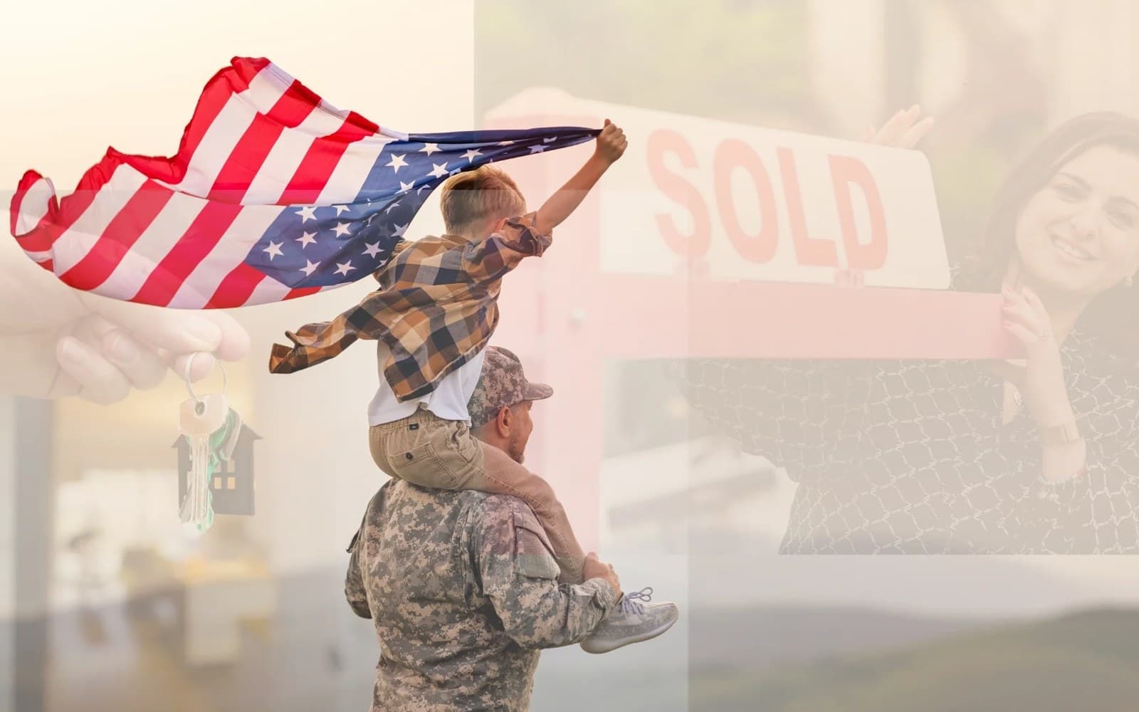 A veteran lifting a child holding an American flag, after a home sale