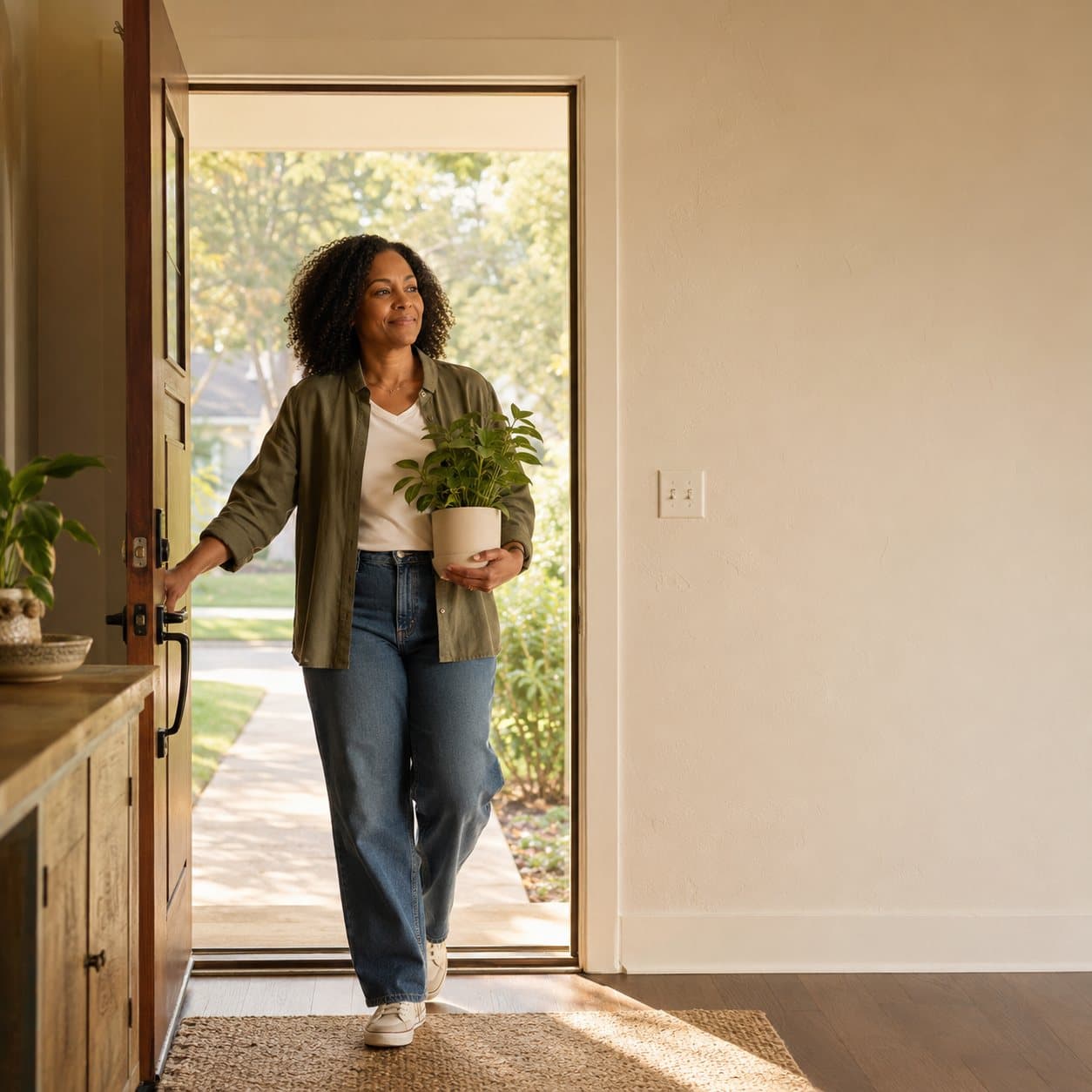 Representative image: a woman stepping through the open front door of a home, carrying a potted plant into warm afternoon light