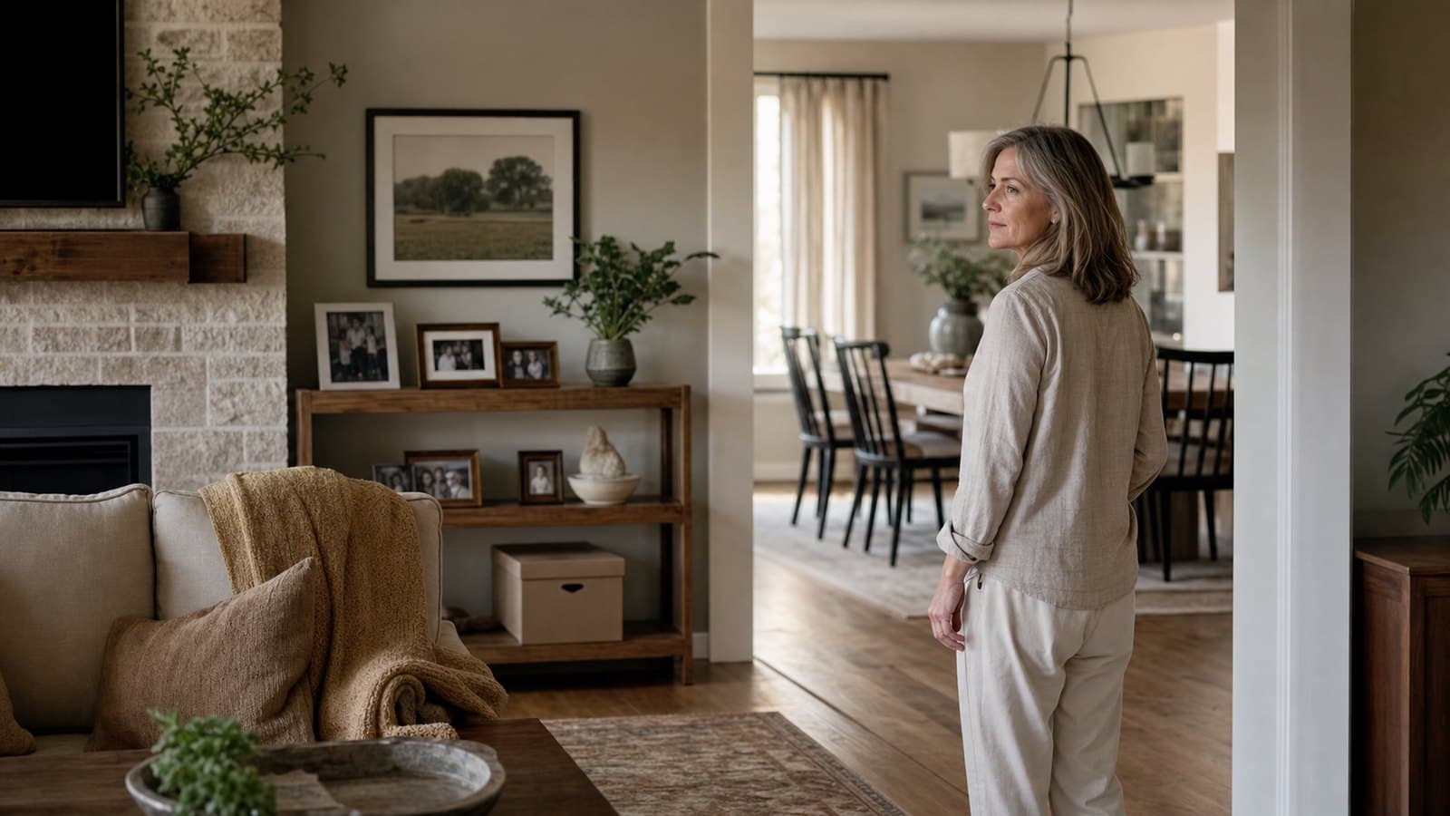 A woman pausing in the living room of a home filled with family photos and memories